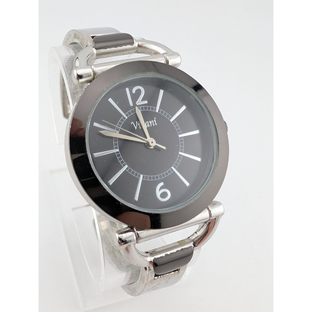 Vivani Watch Women 34mm Case Black Dial Silver Hinge Bangle Band- New Battery